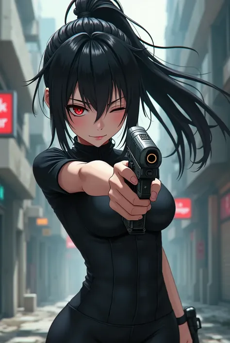 anime illustration, A girl with black ponytail hair. He is holding a gun towards the viewer. Aim with one eye closed. masterpiece, best quality, extremely detailed CG unity 8k wallpaper,