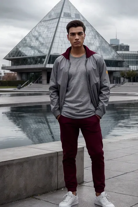 The image shows a young man standing in front of a modern building with a glass pyramid-like structure. He is wearing a grey jacket, a maroon t-shirt, black trousers and white sneakers. He has a serious expression on his face and is looking directly at the...