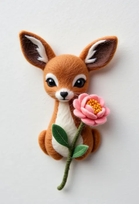 felt brooch：there is a picture of a deer holding a flower in its mouth, needle felt art, wool felt art, deer portrait, white bac...