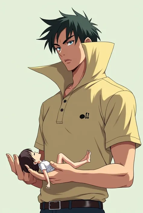 Anime Man wearing a Massive Popped Collar Polo with a collar so high its taller than his head holding his girlfriend in the palm of his hand squeezing her