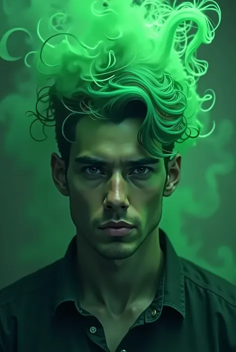 A young adult man  is slowly put under trance as green hypnotic smoke engulfs and enters his mind turning his eyes ,hair an intense bright green. His free will is drained from him. 