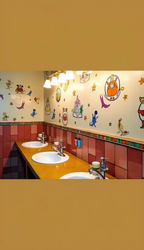 “An enchanting handwashing area in a Disney-themed restroom, featuring whimsical, colorful tiles and themed decor. The area is designed for children and families, with playful illustrations of Disney characters on the walls. Instead of mirrors, the space i...