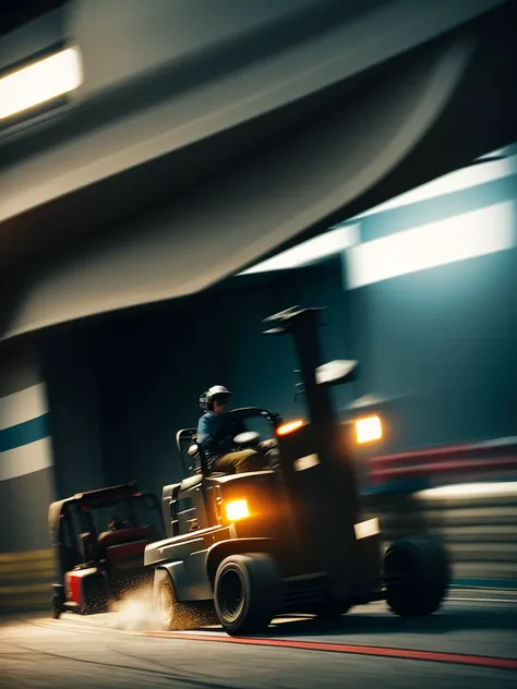 Forklift and old man
 , ( soft focus , Shallow focus , soft light) , bold action , (tail slide blur), in a drift racing course , (burnout) , spin turn