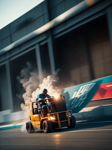 Forklift and old man
 , ( soft focus , Shallow focus , soft light) , bold action , (tail slide blur), in a drift racing course , (burnout) , spin turn