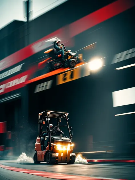 Forklift and old man
 , ( soft focus , Shallow focus , soft light) , bold action , (tail slide blur), in a drift racing course , (burnout) , spin turn