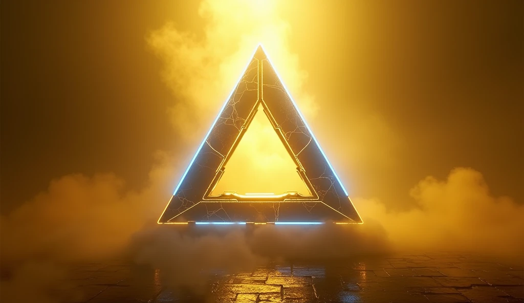 Logo with deep detailing, high quality, White Triangle of Victory, number 30, gold, titanium, yellow fog, haze, in the style of terminator, blue laser beams