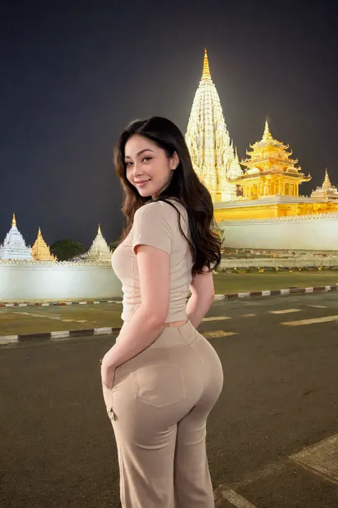 The picture shows a very beautiful young woman standing in front of a temple at night. She wears a beige top and beige pants, and her long black hair is styled in loose waves. The temple is illuminated with golden lights, and the sky is dark, creating a dr...