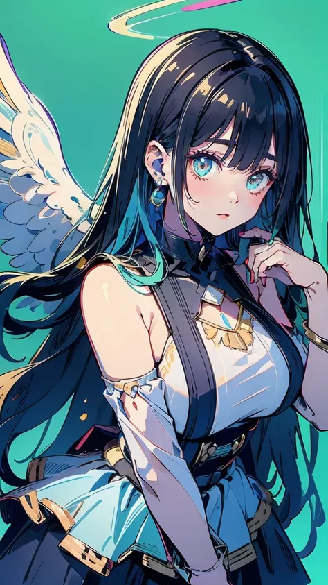 and white drops fall from the sky、angel wings、angel halo、mysterious、very long hair、blue eyes、blue hair、large breasts