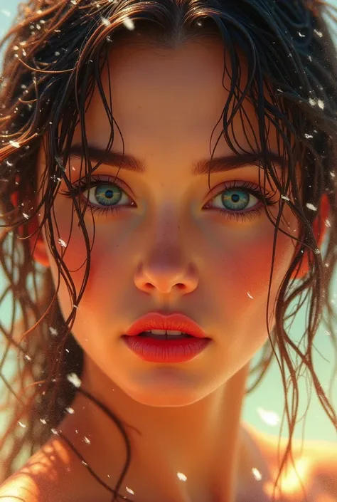   digital photo red yellow vintage face art 64k, big screen ()Beautiful lips parted, bright blue eyes, a young woman&#39;s face with wet hair, shaking the wet hair, the water color spreads freely, beautiful, the reflex is beautiful and dazzling.