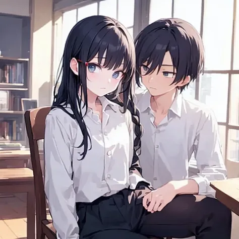 Anime style beautiful boy。High school sophomore。Sloppy and lethargic。Foul-mouthed。Messy hairstyle。My bangs are messed up。Wearing a Japanese high school uniform。He is casually dressed in a white dress shirt and black trousers.。Hair color is grey-white。I&#39...