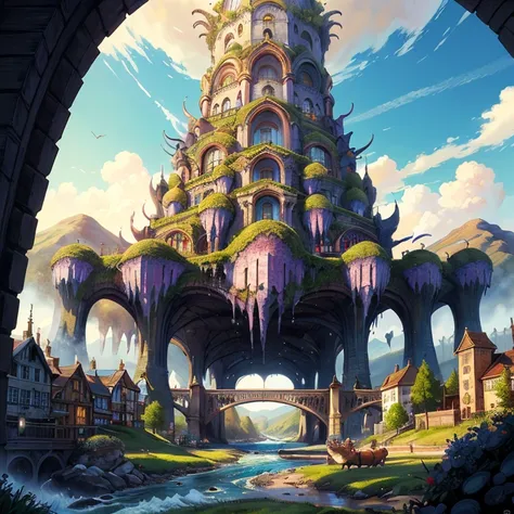 (masterpiece:1.2), extremely intricate details, ff14style, dynamic painting, depicting a bustling city with a majestic bridge spanning wide rivers, surrounded by towering giant mushrooms. The vast landscape bursts with vivid colors 