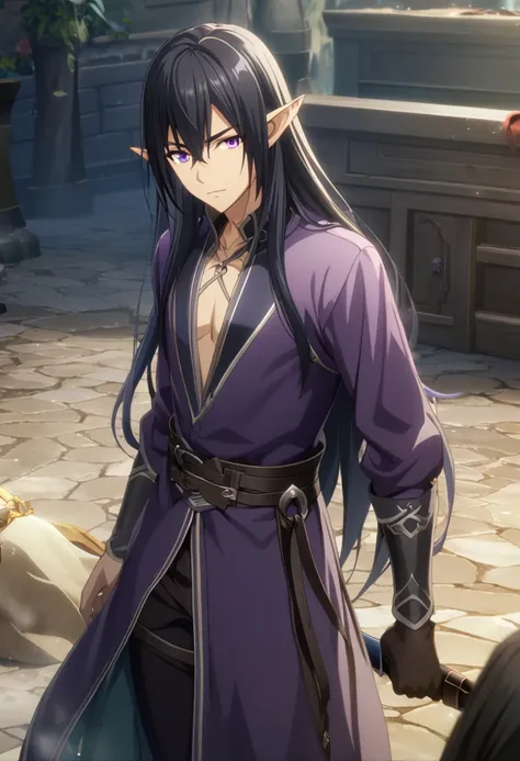 1boy, long hair, black hair, purple eyes, dark elf, male, CG, screenshot