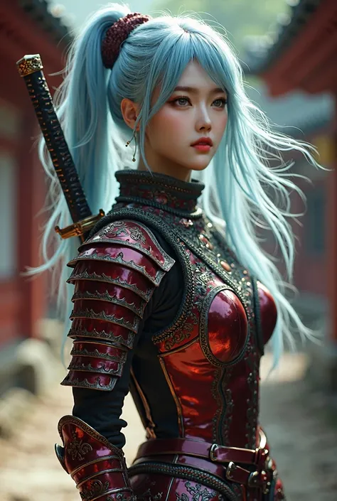 A beautiful light blue haired girl "a katana is hanged on her back", wearing chainmail "heavily ornated" dark red full body armor. intricate details, masterpiece, masterpiece, rembrandt lighting, ultra high res, intricate details, nature light, film grain,...