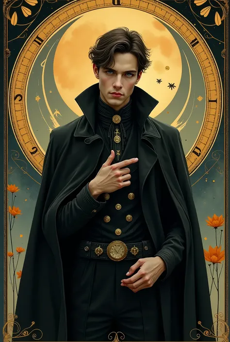 (absurd, high resolution, super detailed), 1 male, black eyes, brown hair, scholarly temperament, all black formal wear, Victorian clothing, black cape, (cold beauty: 1.2), cat-like temperament, adult, handsome, thin man, broad shoulders, fine eyes and det...