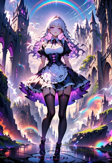 Young beautiful woman,(Best Quality,Extremely detailed depiction,Incredibly absurd high definition,Anatomically accurate,Beautiful legs,Porcelain-like skin),(Black and white gothic maid outfit,Maid Skirt,corset,Black tights),eyelash,(Silver Hair,Purple Eye...