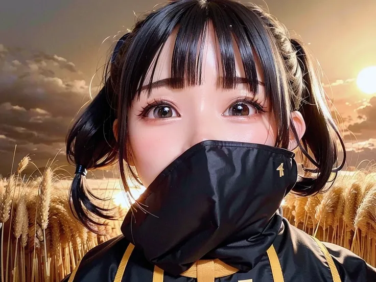 A girl in a kimono stands expressionless in a wheat field up to her waist, Black kimono with gold borders, Hair tied in a ponytail, Yellow Eyes, The sunset in her eyes, The light hits her face, Half landscape orientation to the camera, Erotic pose