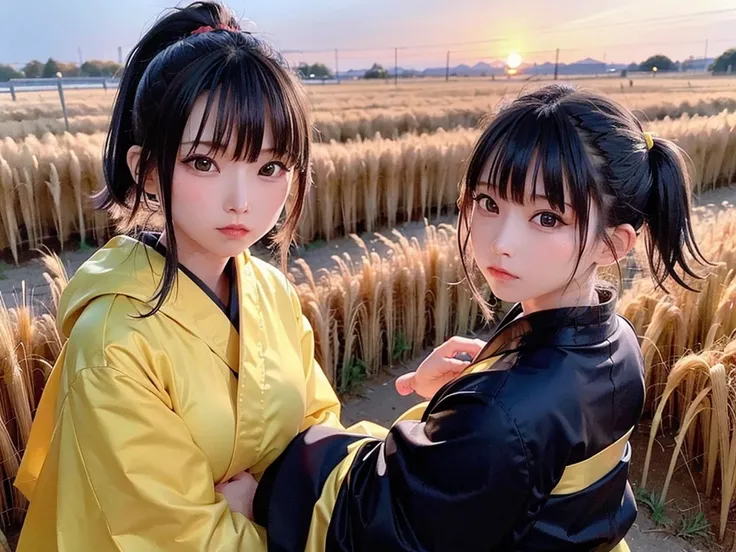 A girl in a kimono stands expressionless in a wheat field up to her waist, Black kimono with gold borders, Hair tied in a ponytail, Yellow Eyes, The sunset in her eyes, The light hits her face, Half landscape orientation to the camera, Erotic pose