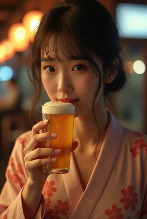 Japanese woman drinking draft beer。
Image of a woman from the waist up。