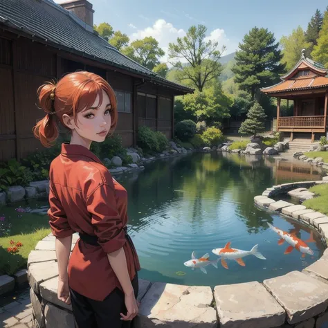 1girl, looking at the viewer, water, pond, lake, shrine, koi