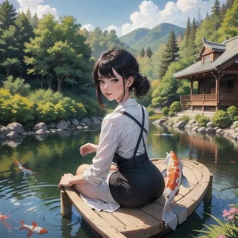 1girl, looking at the viewer, water, pond, lake, shrine, koi