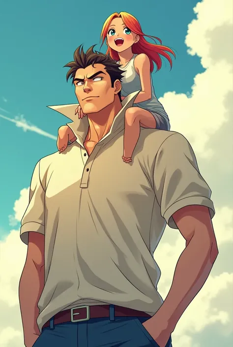 Anime Man wearing a Massive Popped Collar Polo with a collar so high its taller than his head holding his girlfriend on his Polo Collar