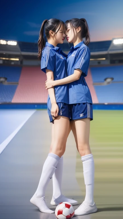 Soccer pants、Soccer socks、(Best Quality,10,10,High resolution,masterpiece:1.2),Super detailed,(Realistic,Realistic portraits,Photographically Realistic:1.37),1 Two cute girls on the soccer field,Wearing Adidas Soccerwear、Three lines on the knee、Wearing soc...