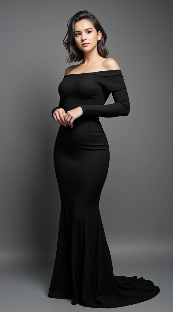 A stunning photorealistic image of a woman exudes elegance and sophistication. In the studio setting, a single girl stands against a faded ash gray background, her gaze directly confronting the viewers attention. She wears an off-shoulder dress that grazes...