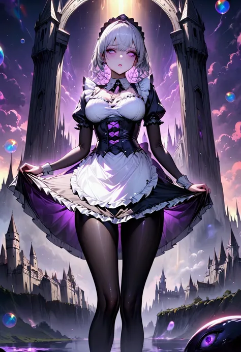 Young beautiful woman,(Best Quality,Extremely detailed depiction,Incredibly absurd high definition,Anatomically accurate,Beautiful legs,Porcelain-like skin),(Black and white gothic maid outfit,Maid Skirt,corset,Black tights),eyelash,(Silver Hair,Purple Eye...