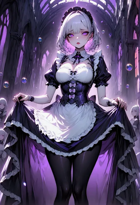 Young beautiful woman,(Best Quality,Extremely detailed depiction,Incredibly absurd high definition,Anatomically accurate,Beautiful legs,Porcelain-like skin),(Black and white gothic maid outfit,Maid Skirt,corset,Black tights),eyelash,(Silver Hair,Purple Eye...