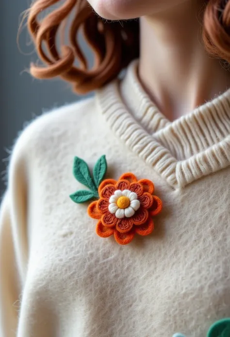 Close-up of felt brooch on sweater