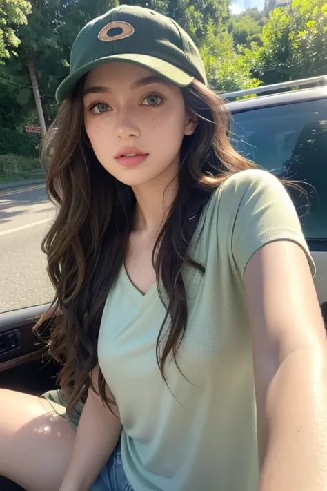 Self-portrait of a beautiful girl with captivating green eyes and long, wavy brown hair, seated in a car. Her casual look is complemented by a brown cap and a black top, with the natural lighting enhancing her sun-kissed skin and subtle freckles. The backg...