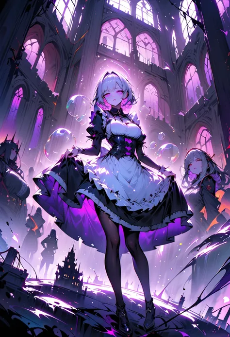 Young beautiful woman,(Best Quality,Extremely detailed depiction,Incredibly absurd high definition,Anatomically accurate,Beautiful legs,Porcelain-like skin),(Black and white gothic maid outfit,Maid Skirt,corset,Black tights),eyelash,(Silver Hair,Purple Eye...