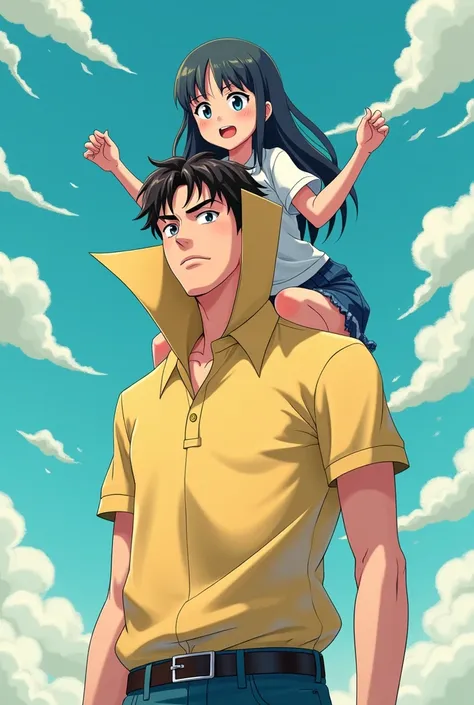 Anime Man wearing a Massive Popped Collar Polo with a collar so high its taller than his head holding his girlfriend on his Polo Collar