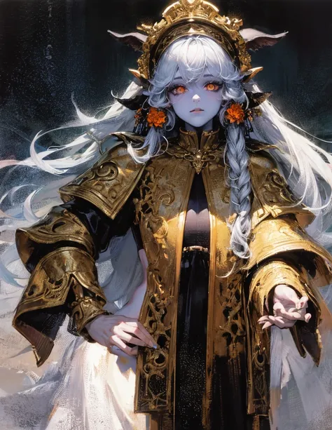 (best lighting) (best quality, masterpiece:1.2), (absurdres), 4k, (detailed eyes), (detailed face), ethereal , demonic woman with ((pale blue skin)) and ((glowing orange eyes)) wearing medieval armour and bodysuit. She has long white hair and is standing i...