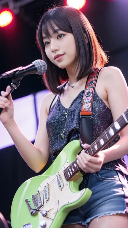 (Beautiful Japanese woman playing electric guitar on stage at an outdoor event)、Outdoor Live、(Best Quality、8k、RAW Photos)、(Genuine:1.2) 、(25 year old Japanese beauty:1.2、Idol&#39;Face:1.3) 、((A tight T-shirt that accentuates large breasts）、(pleated micro m...