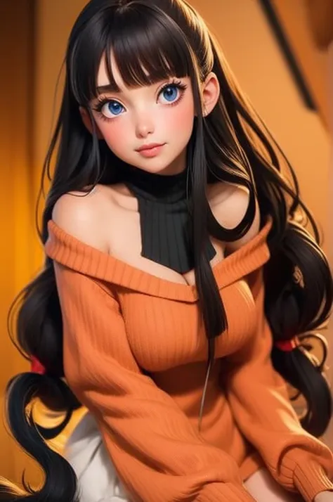 1 girl, Rin Harusaka, alone, Off the shoulder dress，long hair, sweater, red sweater, looking at the audience,  black hair, blue eyes,  Bangs,  sweater, Upper body, parted Bangs, black ribbon, ribbed sweater, Double tail, ,cleavage