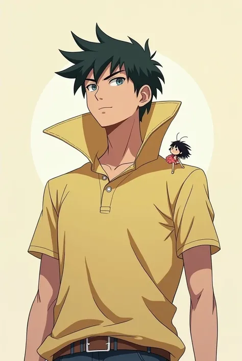 Anime Man wearing a Massive Popped Collar Polo with a collar so high its taller than his head his ant-sized girlfriend holding on his Polo Collar