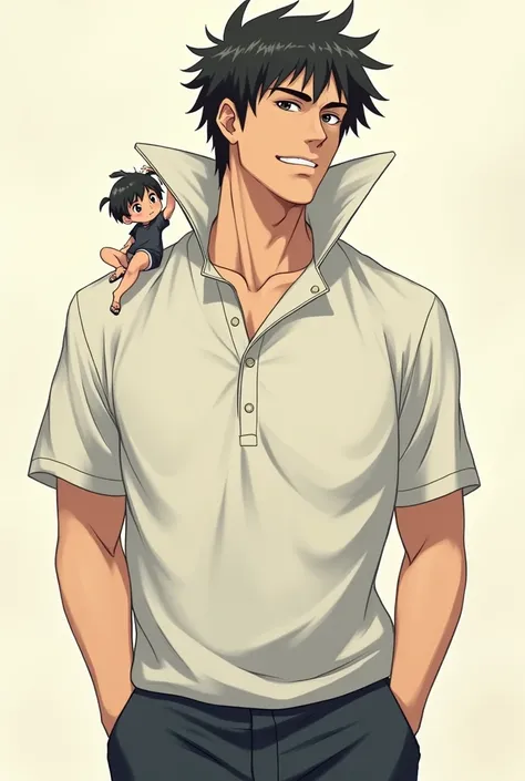 Anime Man wearing a Massive Popped Collar Polo with a collar so high its taller than his head his ant-sized girlfriend holding on his Polo Collar