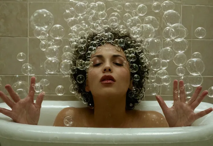 A beautiful woman with only her head and hands sticking out of a bathtub full of bubbles