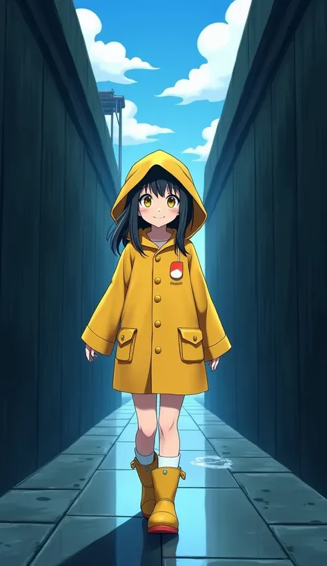 masterpiece, Best Quality, High resolution, Very detailed,(((Cute black haired girl))), (((Japanese Anime))), (((Yellow Raincoat))), (((Yellow Rain Boots))), (((wearing a hood))), (((White socks))), (((Walking down a dark passage))), (((Against the backdro...