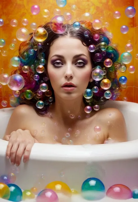 A beautiful woman with only her head and hands sticking out of a bathtub full of bubbles