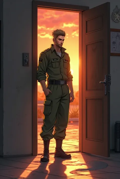 A cinematic anime-style scene of a soldier vikram, in an olive-green uniform, with his short-cropped light brown hair and piercing eyes, holds a duffle bag, his muscular build showing from his rigorous training. His strong jawline is visible, and his unifo...