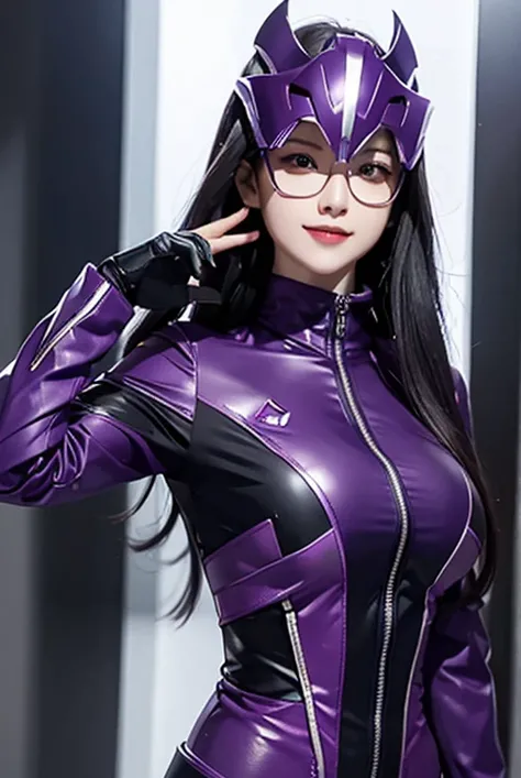 A woman smile, dark purple ranger suit, as she power rangers purple dark, villain, helmet mask, long hair, high detailed, realistic, gloves, ultra realistic, ((full face helmet)), glasses on eyes