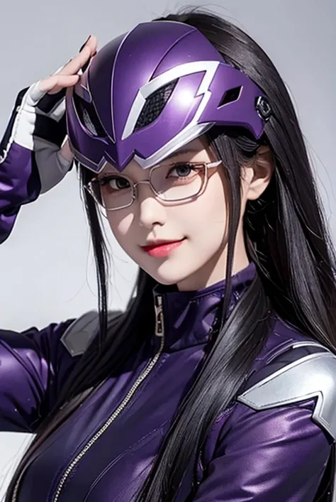 A woman smile, dark purple ranger suit, as she power rangers purple dark, villain, helmet mask, long hair, high detailed, realistic, gloves, ultra realistic, ((full face helmet)), glasses on eyes