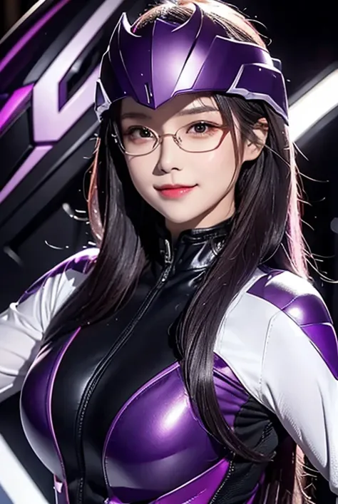 A woman smile, dark purple ranger suit, as she power rangers purple dark, villain, helmet mask, long hair, high detailed, realistic, gloves, ultra realistic, ((full face helmet)), glasses on eyes