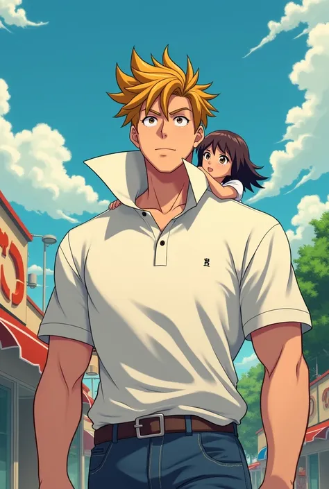 Anime Man wearing a Massive Popped Collar Polo with a collar so high its taller than his head his Itsy-bitsy sized girlfriend holding on his Polo Collar