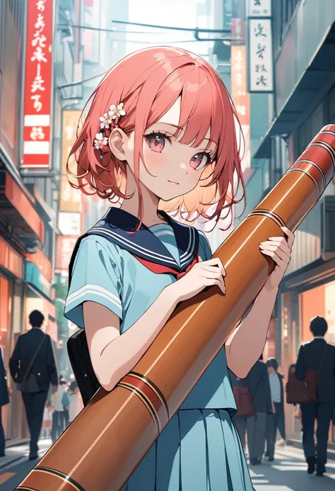 flat color,(Ultra high-resolution masterpiece, best quality, ultra-detailed representation) – A captivating portrait of a Japanese , portrayed with breathtaking intricacy. (A tween in school-uniform) , effortlessly playing the (didgeridoo) on a lively Toky...