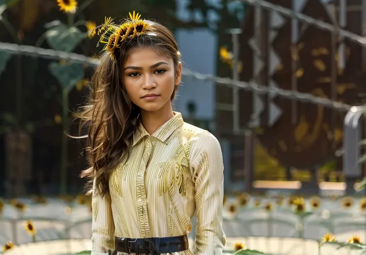 (zendaya:.4), (32k:1.5, Highest quality, masterpiece, Ultra-high resolution), Professional camera work:1.6, Highly detailed skin and face textures:1.3, Captivating portrait:1.2, Very accurate, Very detailed, 1 adult female, ((on the sunflower field:1.3)), ...