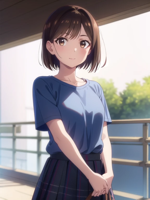 (navy blue T-shirt,red checked mini-skirt),mizuharachizuru, Chizuru Ichinose, solo woman,(Long Bob:1.5,Shaggy), bangs, Brown Hair, (Brown eyes:1.5), smile,outdoors,looking at viewer, (Cowboy Shot:1.5),(masterpiece:1.2), Best Quality, High resolution, Unity...