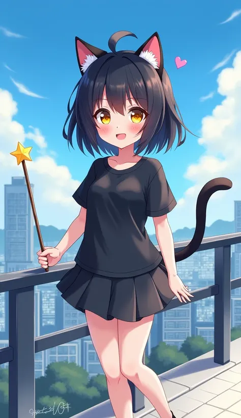 masterpiece, Best Quality, High resolution, Very detailed,(((Cute black haired girl))), (((Japanese Anime))), (((Black T-shirt))), (((mini skirt))), (((黒のshoes下))), (((shoes))), (((Cat ears growing))), (((The cat has a tail))), (((Have a magic wand))), (((...